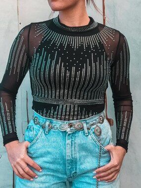 Rhinestone Glam Mesh High Neck Bodysuit Bachelorette Party Night Out Kiwi Brand